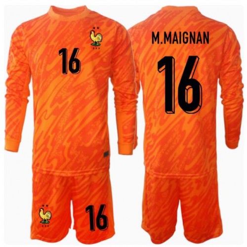 Maglia Calcio Francia Mike Maignan #16 Portiere Seconda Divisa Bambino Europei 2024 Manica Lunga (+ pantaloncini)